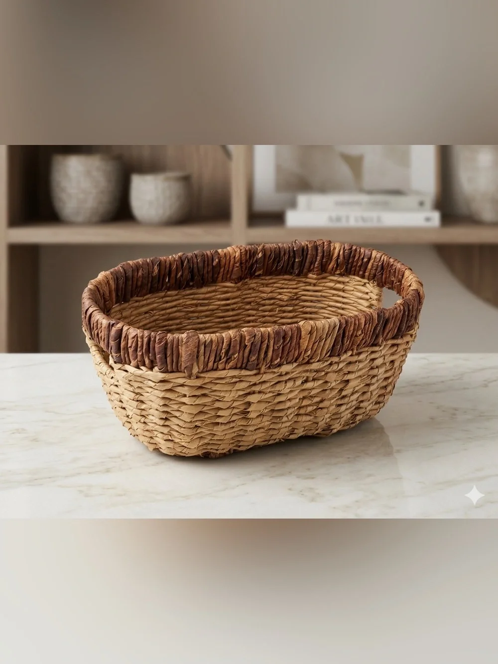 Boho Two-Tone Woven Seagrass Storage & Decorative Basket - New